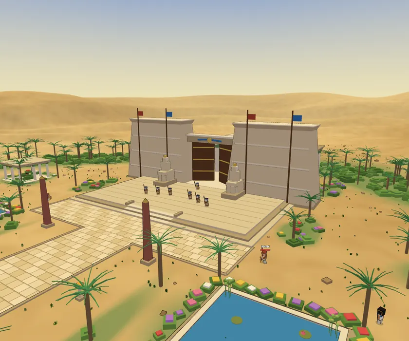 The pharaoh's palace, its great pylon gate behind an obelisk and a sacred pool
